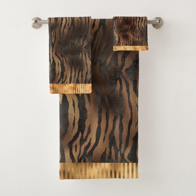 Conjunto De Toalhas Grelha Metálica Elegante Dourada de Tigre Animal (Insitu)