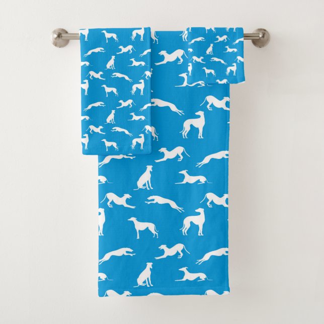 Conjunto De Toalhas Greyhound Silhouettes White em Azul (Insitu)
