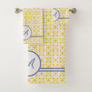 Conjunto De Toalhas Grunge Monograma Padrão amarelo e azul legante