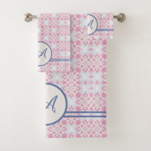 Conjunto De Toalhas Grunge Monograma Padrão Elegante rosa e azul