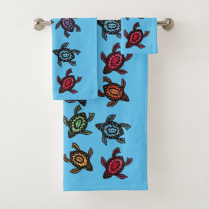 Conjunto De Toalhas Grupo de Tartarugas Pretas Abstratas Conchas Color