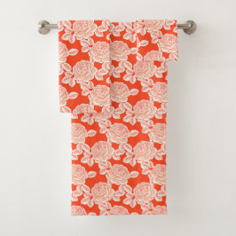 Conjunto De Toalhas Hand Drawn Peony Floral Coral Red Towel Set