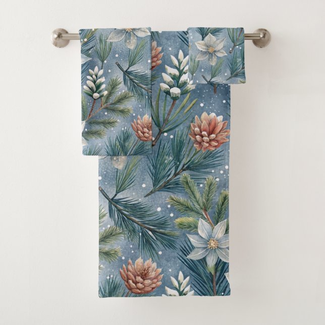 Conjunto De Toalhas Hello Winter Pines & Flowers  (Insitu)