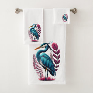 Conjunto De Toalhas Herão Azul com Penas Rosa Serena