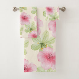 Conjunto De Toalhas Hibisco Floral Rosa e Verde Tropical