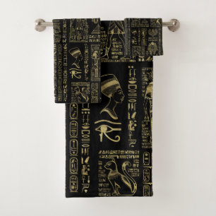 Conjunto De Toalhas Hieroglyphs e ouro egípcios das deidades no preto