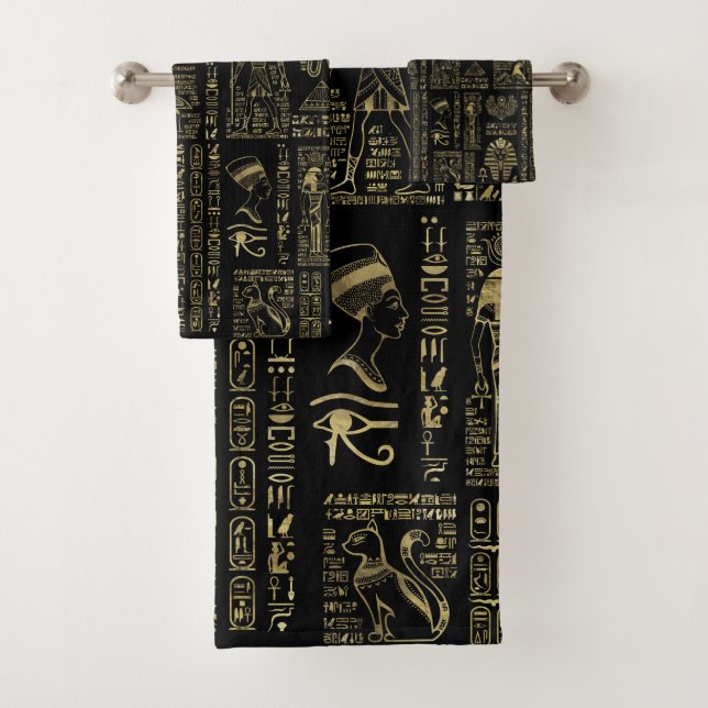 Conjunto De Toalhas Hieroglyphs e ouro egípcios das deidades no preto (Insitu)