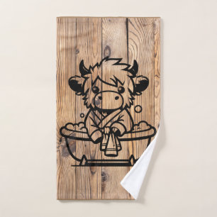 Conjunto De Toalhas Highland Cow Faux Woodgrain