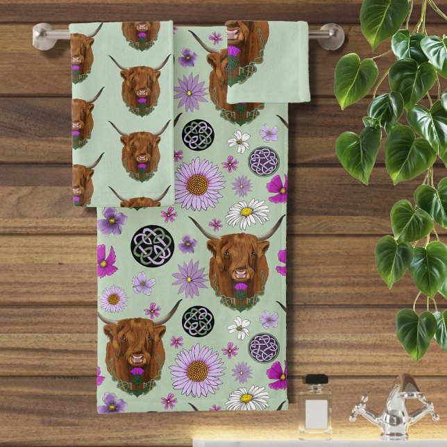 Conjunto De Toalhas Highland Scottish Cow Purple Celular Knot Work (Criador carregado)