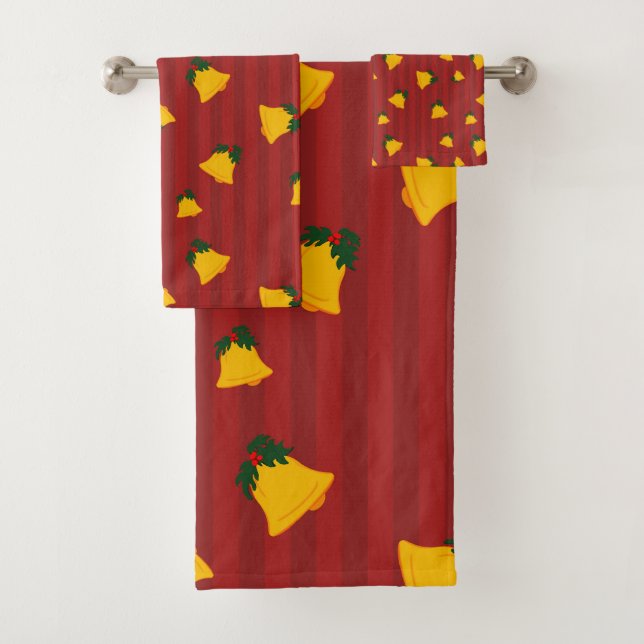 Conjunto De Toalhas Holiday Red Gold Stripe Bells Christmas (Insitu)