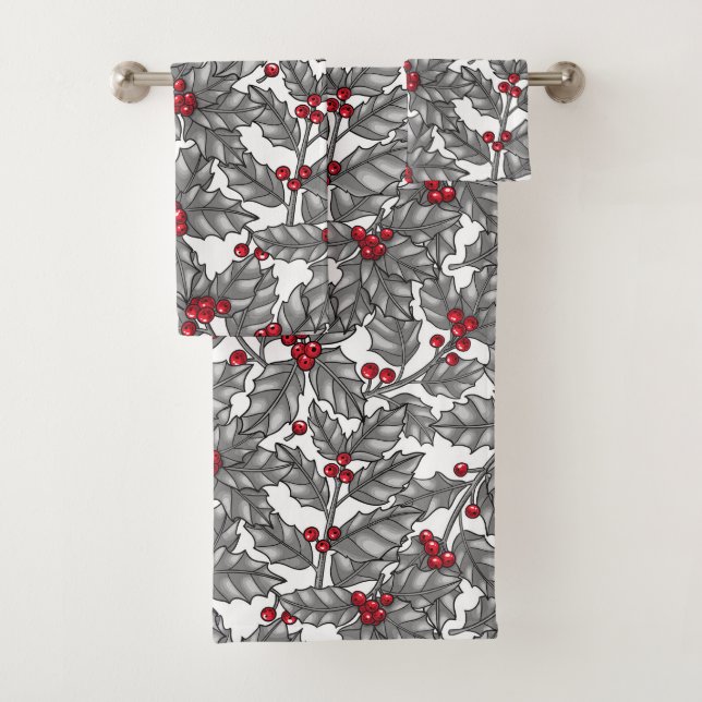 Conjunto De Toalhas Holly berry, gray leaves on white (Insitu)