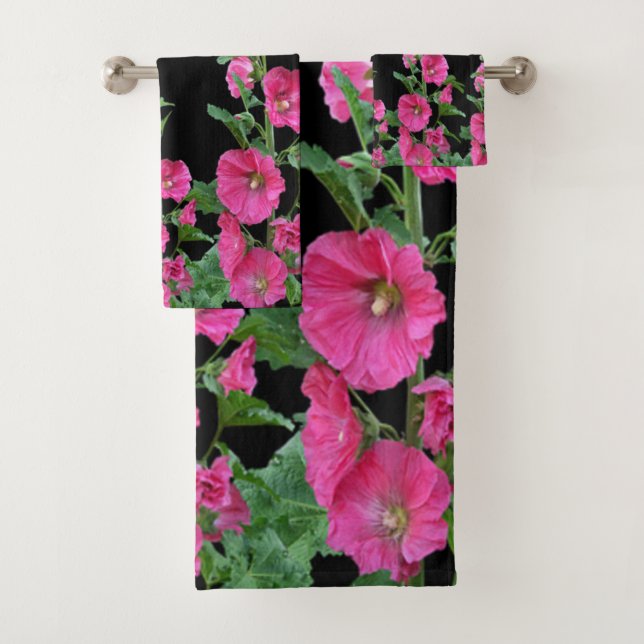 Conjunto De Toalhas Hollyhocks Rosa em Preto (Insitu)