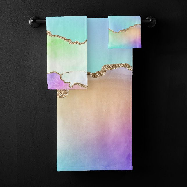 Conjunto De Toalhas Holo Agate | Mármaco de madeira picante iridescent (Criador carregado)