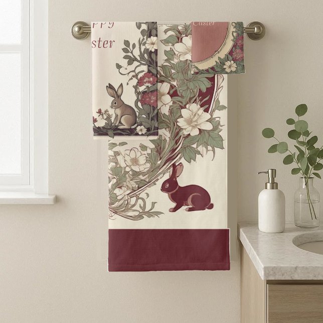 Conjunto De Toalhas Hoppy Easter Bunny Art Nouveau Burgundy Farmhouse (Hoppy Easter Bunny Art Nouveau Burgundy Farmhouse Bath Towel Set)