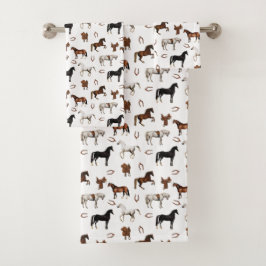 Conjunto De Toalhas Horses Watercolor Horseshoe Horse Saddles