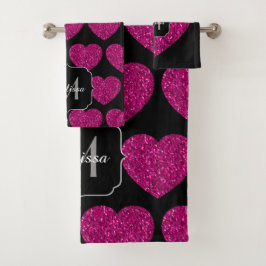 Conjunto De Toalhas Hot pink heart faux sparkles pattern Monogram