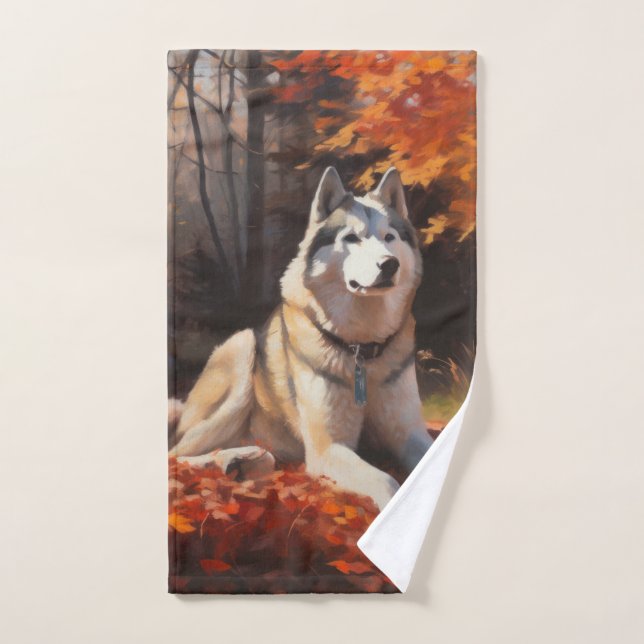 Conjunto De Toalhas Husky Siberiano nas Folhas do outono cai inspirado (Toalha de mão)