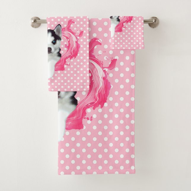 Conjunto De Toalhas Husky Welpe rosa Herz Punkte Mädchen (Insitu)