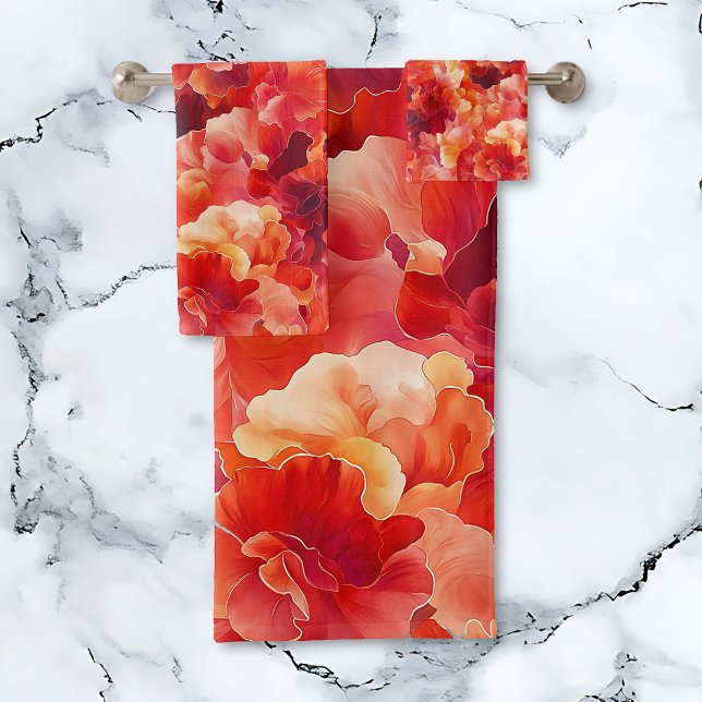 Conjunto De Toalhas Ignição Floral abstrato (Abstract Floral Ignition towel set.  Orange, coral, red, floral towels.)