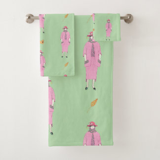 Conjunto De Toalhas Ilustração de moda dos anos 1910 Senhora e cão peq