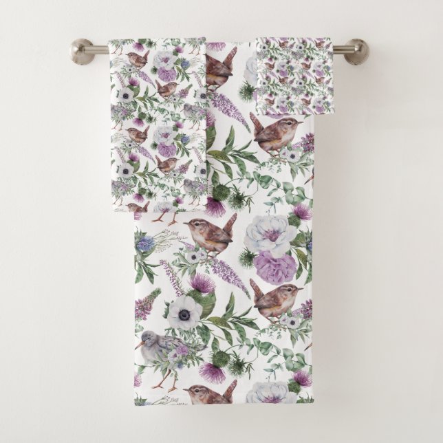Conjunto De Toalhas Ilustração de Pássaros Cantores Florais Roxos e Ve (Insitu)