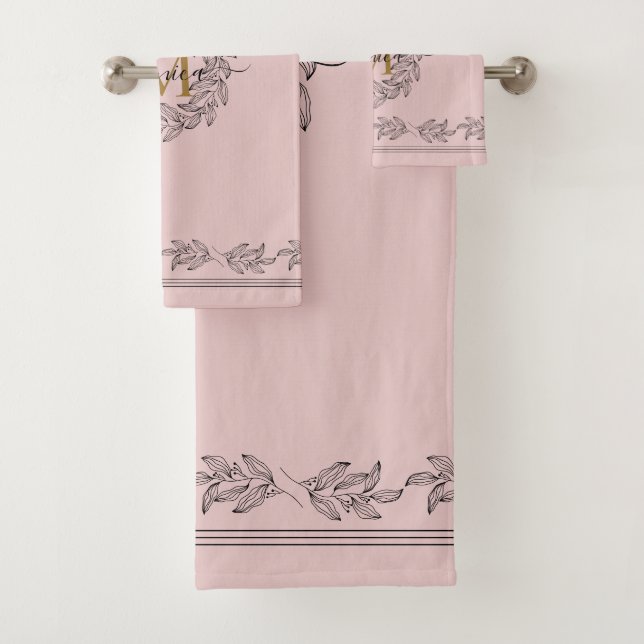 Conjunto De Toalhas Ilustração Folha Elegante Monograma Floral Rosa (Insitu)