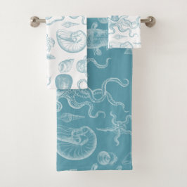 Conjunto De Toalhas Ilustração Vintage Animais do Mar Azul Moderno