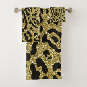 Conjunto De Toalhas Impressão Animal Leopardo Preto-Glitor Dourado