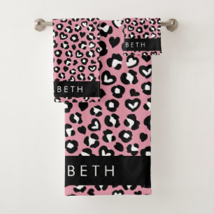 Conjunto De Toalhas Impressão Animal, Leopardo Rosa, Corações, Seu Nom