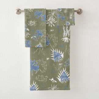 Conjunto De Toalhas Impressão azul e verde do Moss Botânico