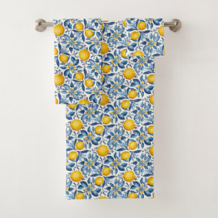 Conjunto De Toalhas Impressão Botânica de Limão Azul e Amarelo de Verã