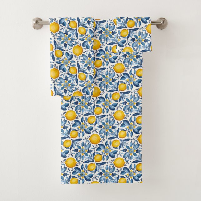 Conjunto De Toalhas Impressão Botânica de Limão Azul e Amarelo de Verã (Insitu)