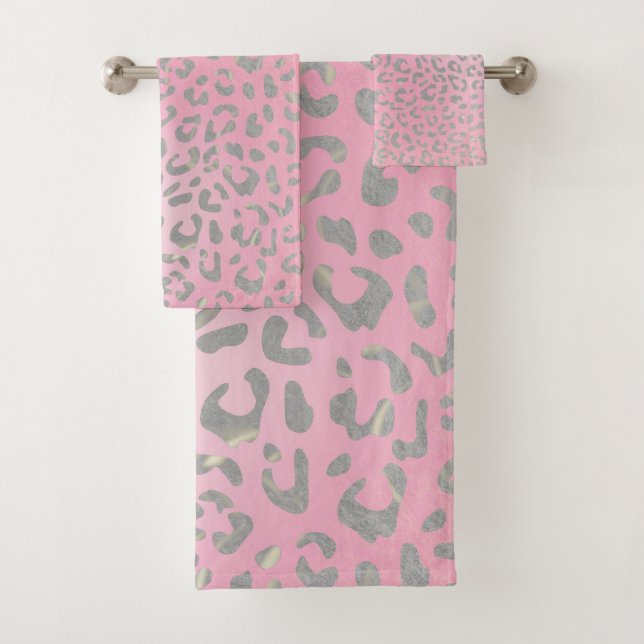 Conjunto De Toalhas Impressão de Leopardo Prata Rosa Pastel (Insitu)