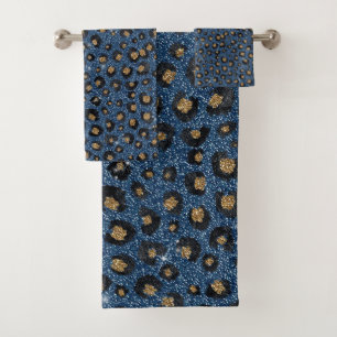 Conjunto De Toalhas Impressão Dourada de Leopardo com brilho azul cl
