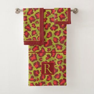 Conjunto De Toalhas Impressão e monograma de leopardo vermelho e verd