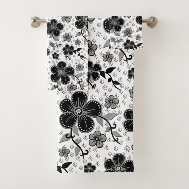 Conjunto De Toalhas Impressão Floral preto-e-branco (Insitu)