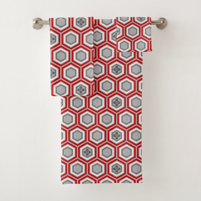 Conjunto De Toalhas Impressão Hexagonal Kimono, Vermelho e Cinzas / Ci (Insitu)