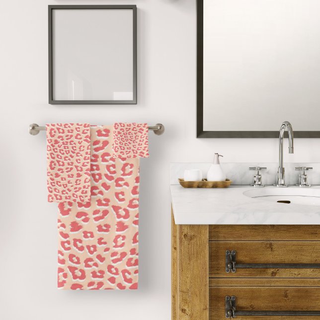Conjunto De Toalhas Impressão Leopardo Branco Coral (Coral Apricot Leopard Print Bath Towel Set by Looly Elzayat
)