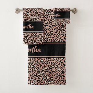Conjunto De Toalhas Impressão Leopardo Dourada Rosa Chic Preta Persona