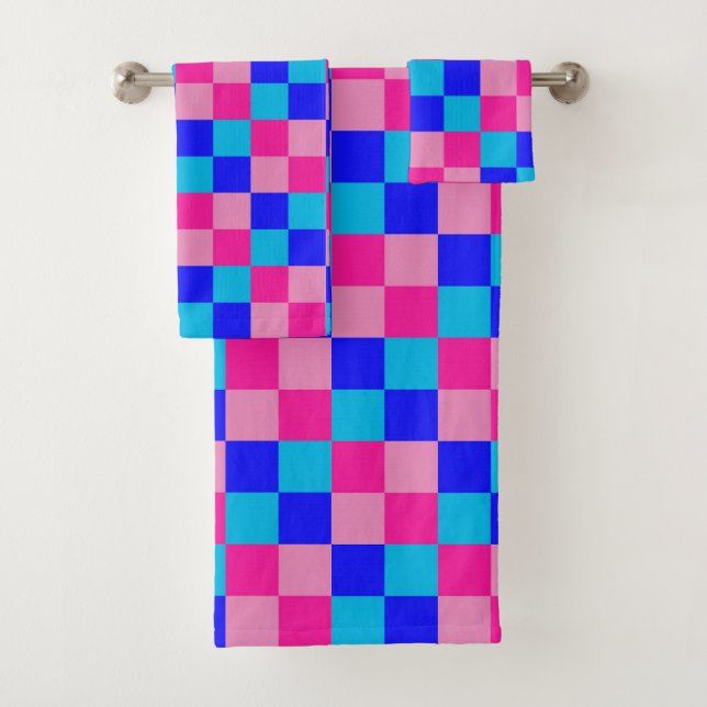 Conjunto De Toalhas Impressão Xadrez Rosa e Azul (Insitu)