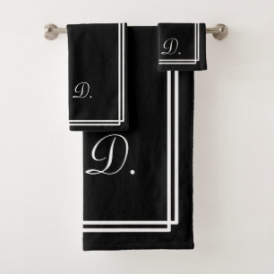 Conjunto De Toalhas Iniciais de Monograma Branco Preto Elegante Modern