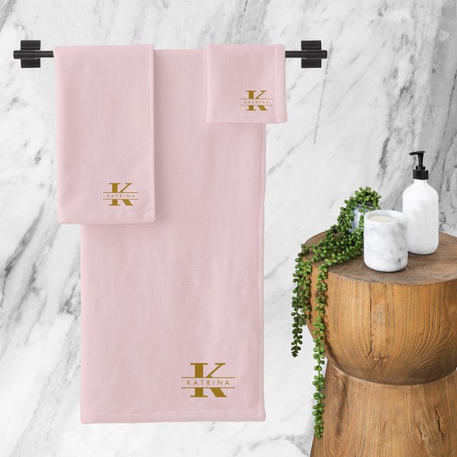 Conjunto De Toalhas Iniciais de Monograma Elegante Rosa Espelho Modern (Monogram Initials Elegant Modern Blush Pink Gold Bath Towel Set)