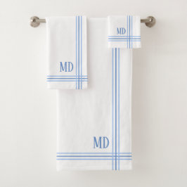 Conjunto De Toalhas Iniciais Personalizados com Striping Branco e Azul