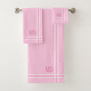 Conjunto De Toalhas Iniciais Personalizados com Striping Branco e rosa