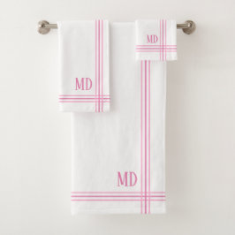 Conjunto De Toalhas Iniciais Personalizados em Striping Branco e Rosa