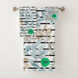 Conjunto De Toalhas Initials girly pastel Botanical Blue Stripes Chic