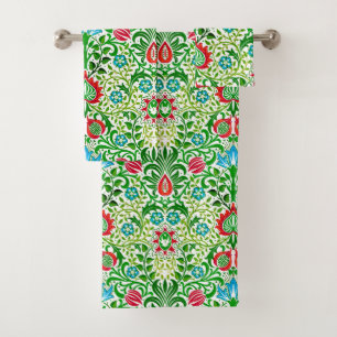Conjunto De Toalhas Jacobean Floral Damask, Green and Coral Red