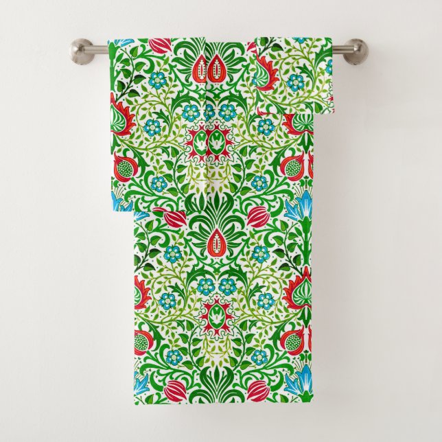Conjunto De Toalhas Jacobean Floral Damask, Green and Coral Red (Insitu)