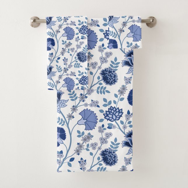 Conjunto De Toalhas Jacobean Floral Pattern Blues em Branco (Insitu)