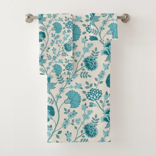 Conjunto De Toalhas Jacobean Floral Pattern Teals on Cream (Insitu)